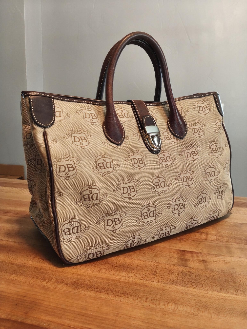 Dooney & Bourke DB Monogram Crest Canvas Leather Large Tote Bag Handbag Brown